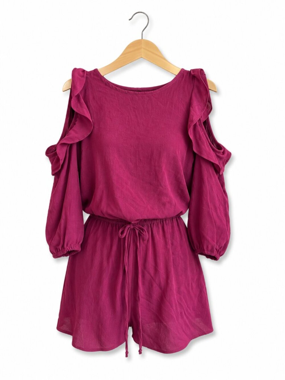 BeBop Womens Romper Size Small Burgundy‎ Wine Shorts Ruffle Keyhole NEW